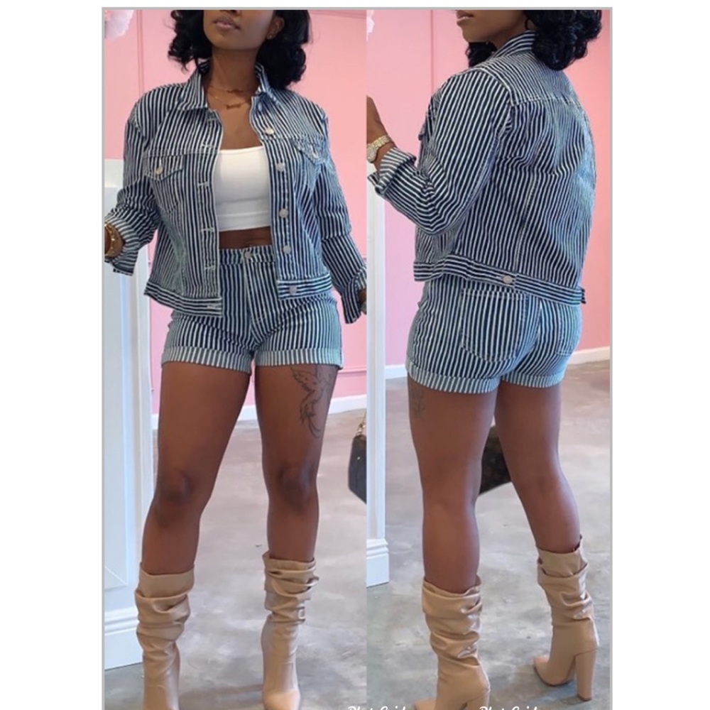 Blue and white denium white stripe two piece set